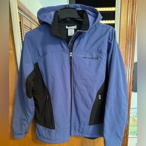 Zip front Jacket, water/wind resistant. Zip off hood.  Fleece lining. Soft shell